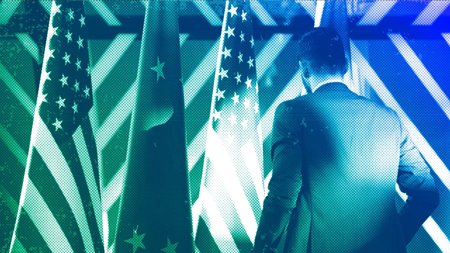 A staffer adjusts the US and EU flags at the European Council building in Brussels, April 2023