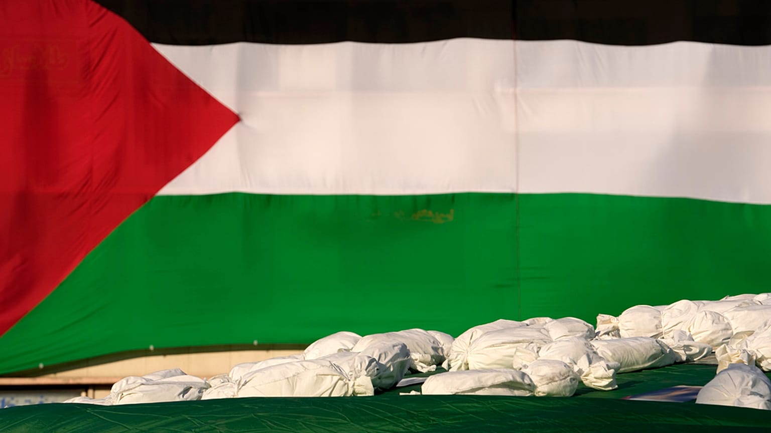 پرچم فلسطین در پس‌زمینه اجساد نمادین کودکان فلسطینی جان باخته در جنگ غزه؛ عکس در تهران 