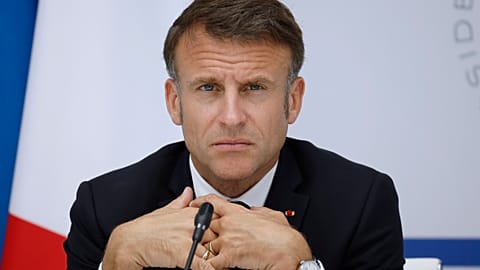 French President Emmanuel Macron attends a video conference as part as the AI Summit Seoul 2024 from the Elysee Palace in Paris, Tuesday, May, 21, 2024.