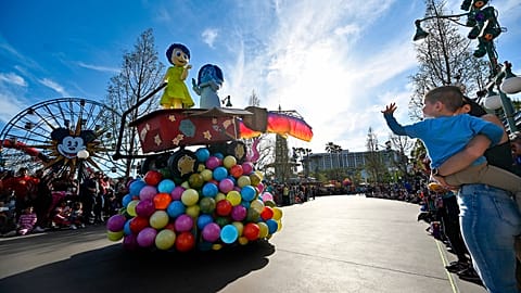 Joy and Sadness from Inside Out during the "Better Together: A Pixar Pals Celebration!" parade inside Disney California Adventure in Anaheim, Calif, on Wednesday, April 24, 20