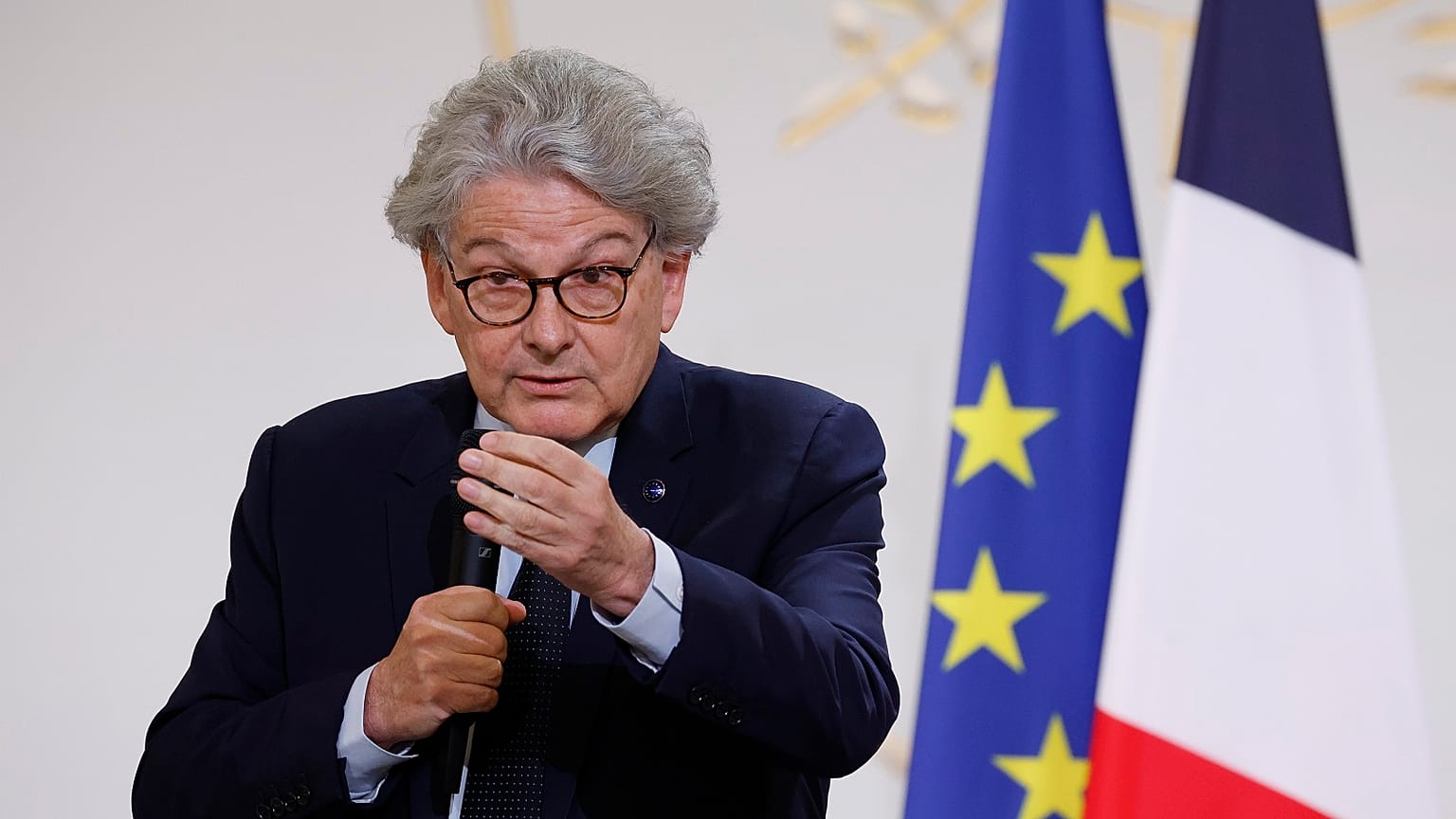 European commissioner for Internal Market Thierry Breton speaks during a meeting with members of artificial intelligence sector, at the Elysee Palace in Paris.