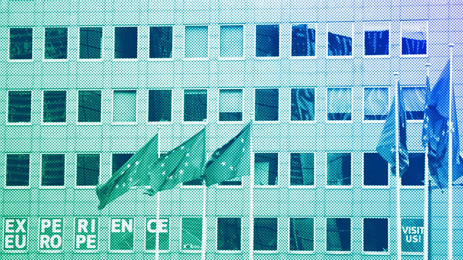 European flags flap in the wind in the EU Quarter of Brussels, September 2023