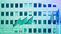 European flags flap in the wind in the EU Quarter of Brussels, September 2023