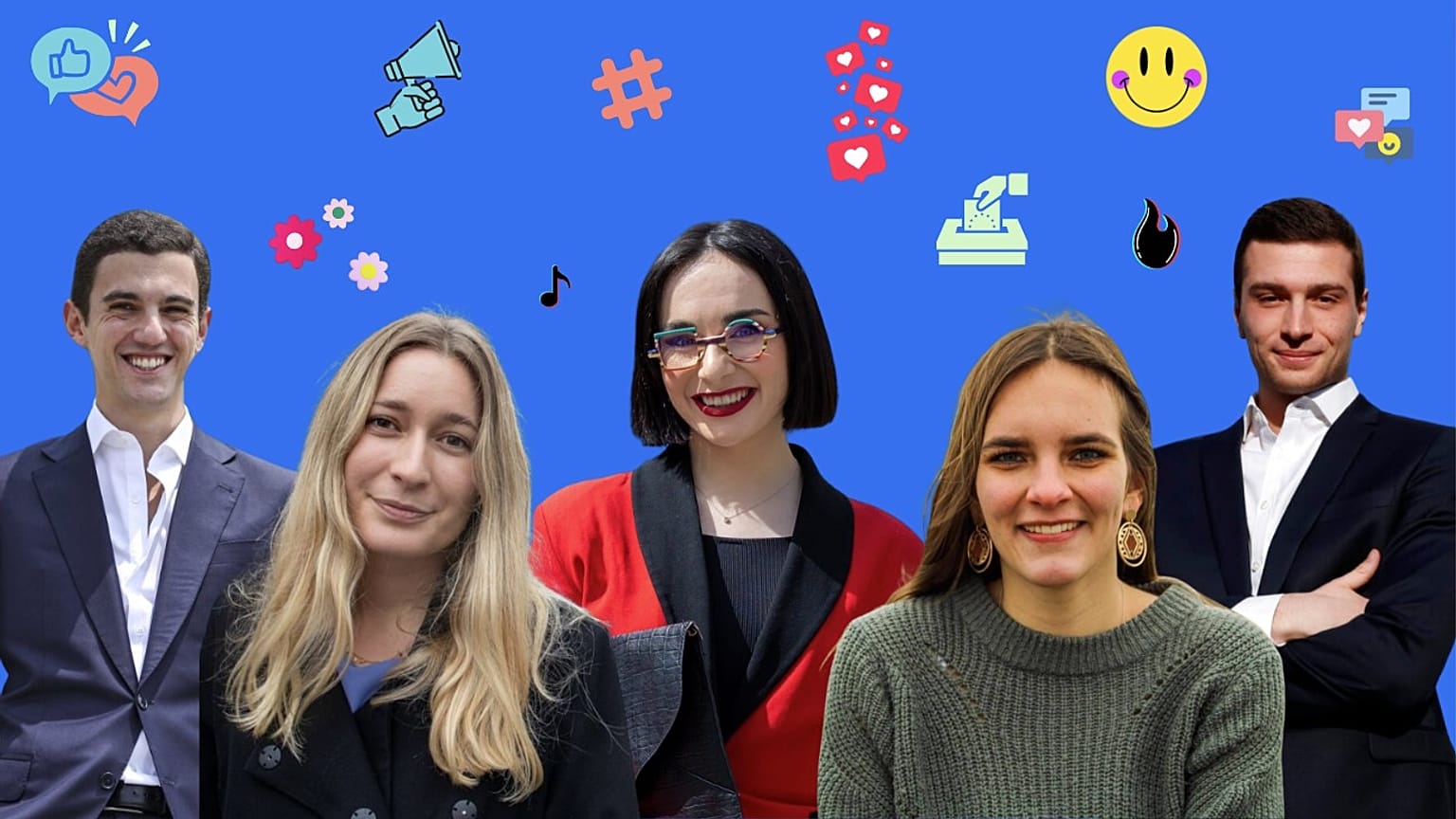 Da esquerda para a direita: Sebastião Bugalho, Kira Marie Peter-Hansen, Nina Skočak, Maylis Roßberg e Jordan Bardella