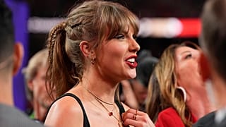Taylor Swift watches the celebration on the field after the NFL Super Bowl 58 football game between the Kansas City Chiefs and the San Francisco 49ers. Feb. 11, 2024.