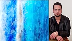 Artist Giovanni Guida with the work "Vital breath, in the blue of the sky"