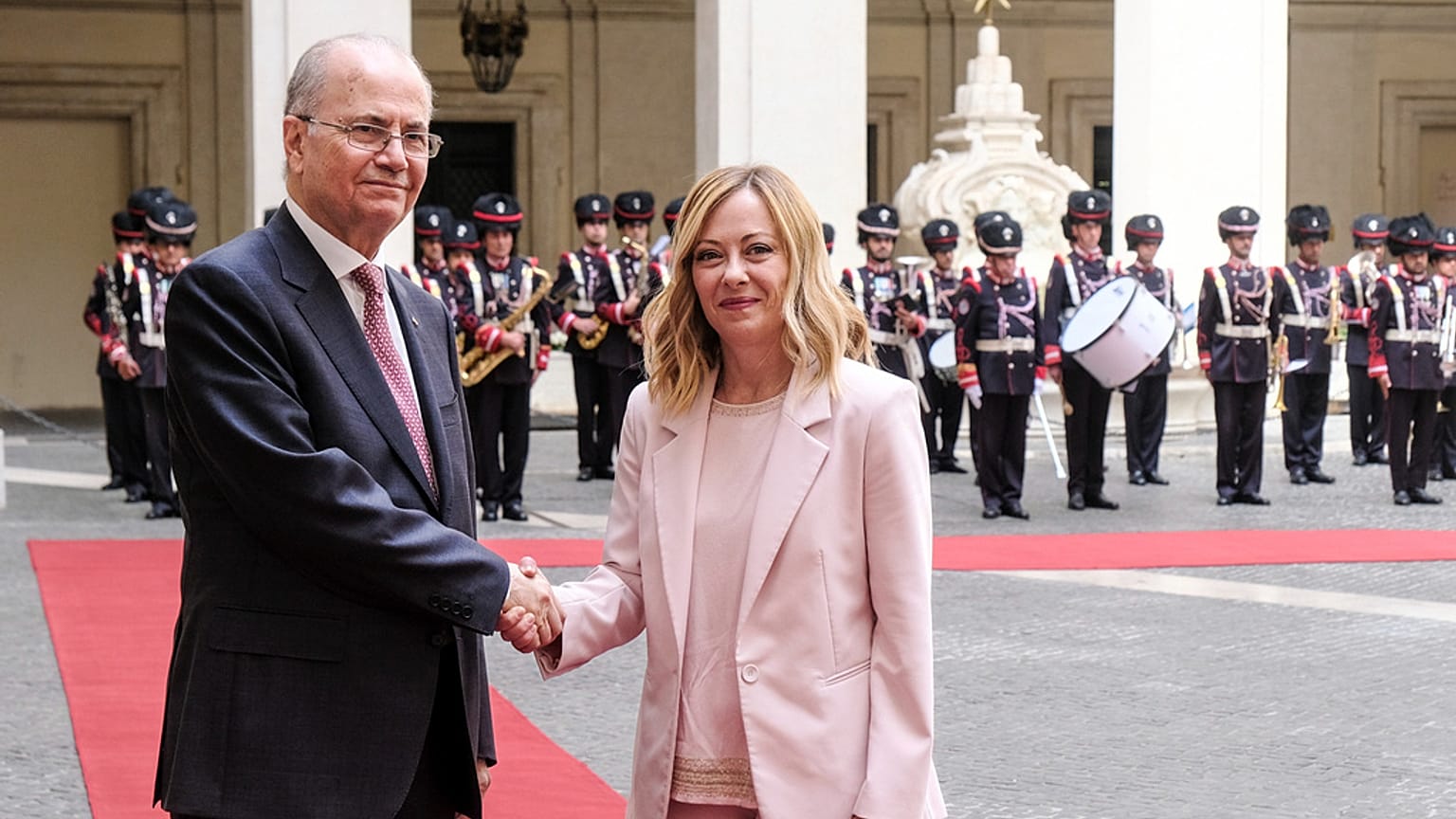 Italy's Premier Giorgia Meloni, right, meets Prime Minister of Palestinian Authority, Mohammad Mustafa, in Rome, Saturday, May 25 2024. (Mauro Scrobogna/LaPresse via AP)