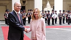 Italy's Premier Giorgia Meloni, right, meets Prime Minister of Palestinian Authority, Mohammad Mustafa, in Rome, Saturday, May 25 2024. (Mauro Scrobogna/LaPresse via AP)