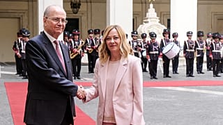 Italy's Premier Giorgia Meloni, right, meets Prime Minister of Palestinian Authority, Mohammad Mustafa, in Rome, Saturday, May 25 2024. (Mauro Scrobogna/LaPresse via AP)