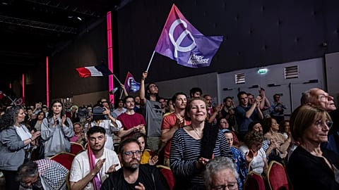 Supporters from the far-left La France Insoumise (Unbowed) party attend a political rally, Saturday, May 25, 2024  (AP Photo/Aurelien Morissard)
