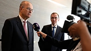 Prime Minister of the Palestinian Authority Mohammed Mustafa, left, and Norway's Foreign Minister Espen Barth Eide speak to the media in Brussels, May 26, 2024