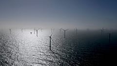 Wind turbines, including some from RWE's Kaskasi offshore wind  farm off Helgoland, Germany.