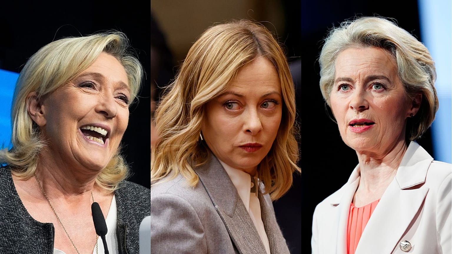 Marine Le Pen (izquierda), Giorgia Meloni (centro), Ursula von der Leyen (derecha)