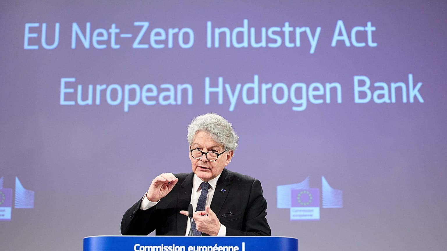 EU internal market commissioner Thierry Breton presents EUrope's anser to Biden's Inflation Reduction Act in March 2023