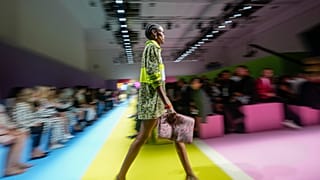 A model wears a creation as part of the Benetton women's Spring Summer 2024 collection presented in Milan, Italy, Thursday, Sept. 21, 2023. (AP Photo/Luca Bruno)