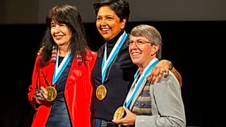Joy Harjo, Indra Nooyi, and Rebecca Halstead take a picture together after being inducted into the National Women's Hall of Fame on September 24, 2022, in Geneva., N.Y.