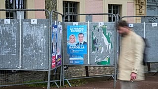 A man walks past a row of campaign boards for the upcoming European election in Versailles west of Paris, Friday, May 31, 2024.