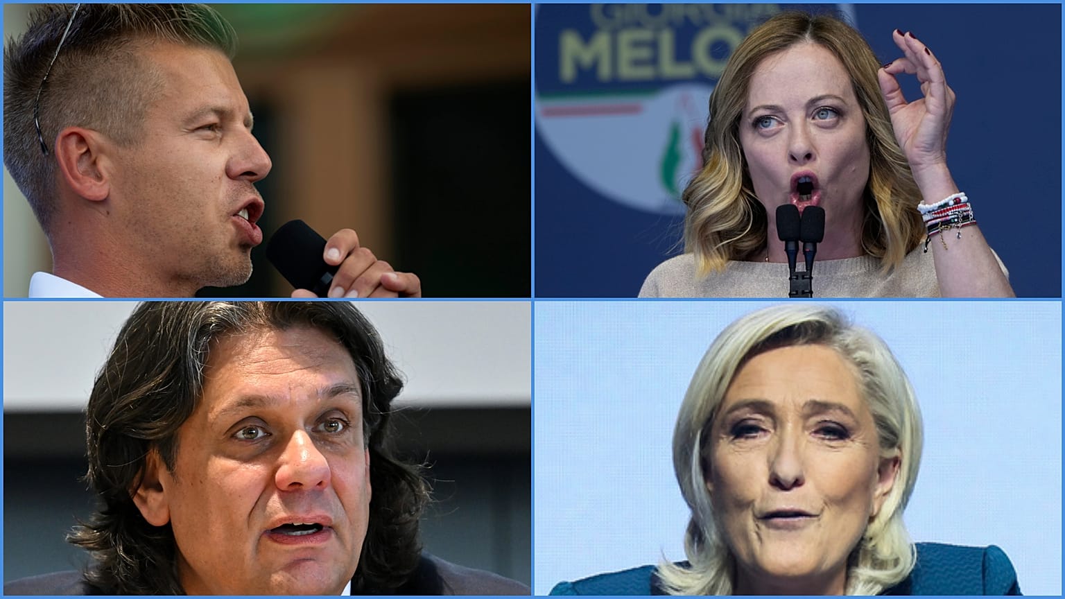 Magyar Péter, Giorgia Meloni, Deutsch Tamás és Marine le Pen