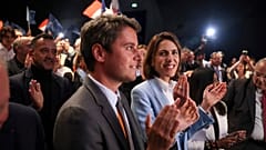 Valerie Hayer of the presidential Renew party and French Prime Minister Gabriel Attal, in Boulogne-Billancourt, outside Paris, Tuesday, May 28, 2024.