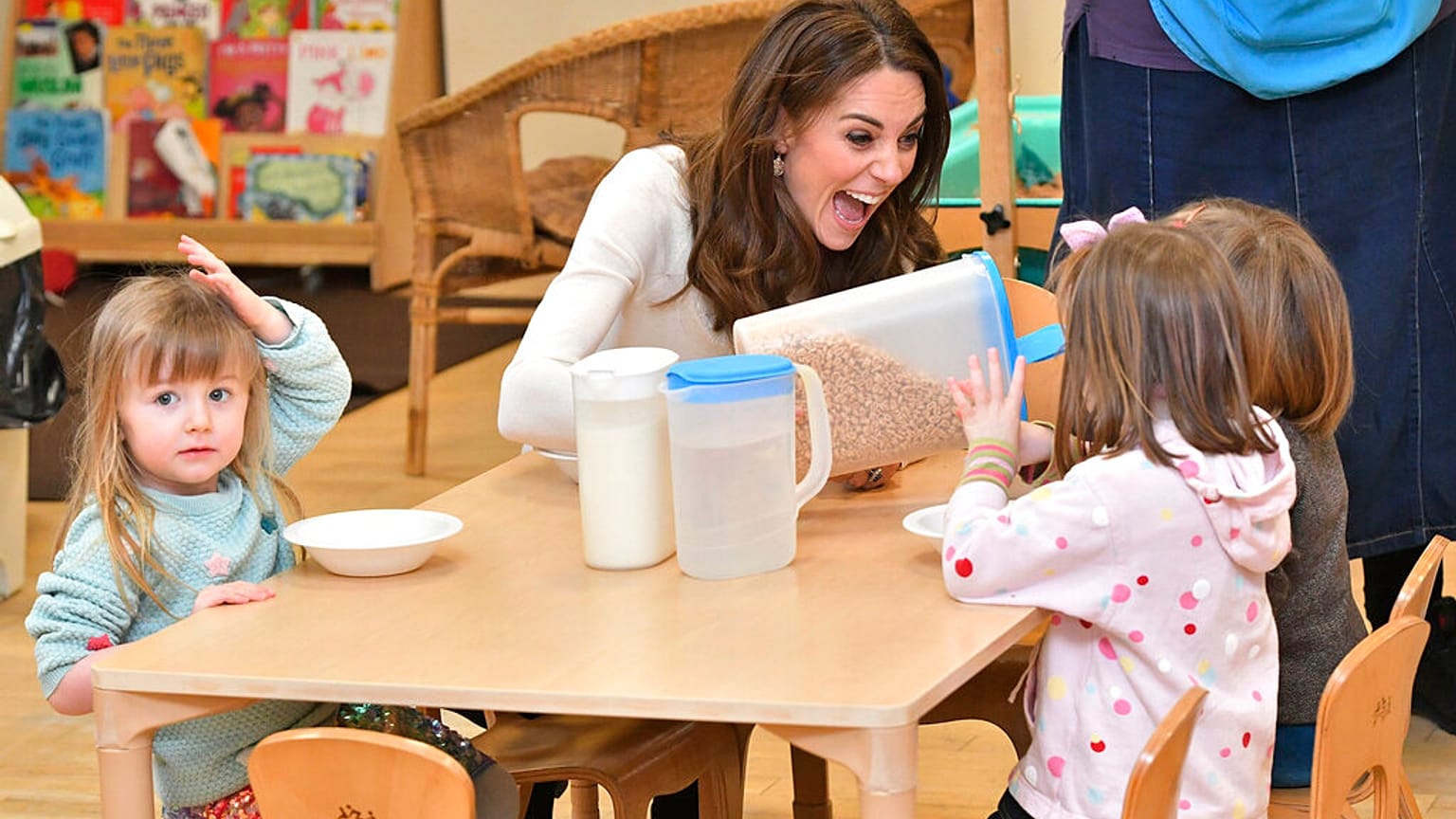 Britain's Kate, the Duchess of Cambridge reacts with children, during a visit to LEYF or London Early Years Foundation, at Stockwell Gardens Nursery and Pre-School in south Lo