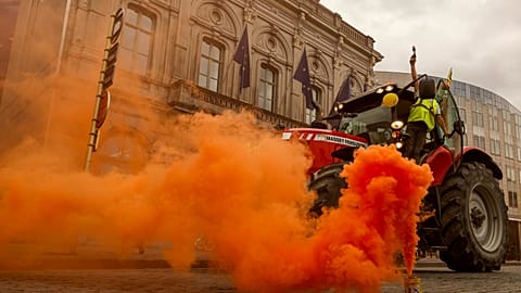 Farmers protest in front of the European Parliament on 4 June