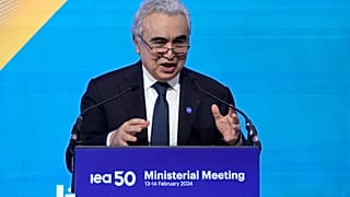 Executive director of the International Energy Agency Fatih Birol speaks during the International Energy Agency 2024 ministerial meeting and 50th Anniversary event in Paris.