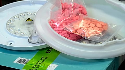 Ecstasy pills that were hidden in a ceiling light fixture are displayed at the U.S. Customs and Border Protection overseas mail inspection facility.