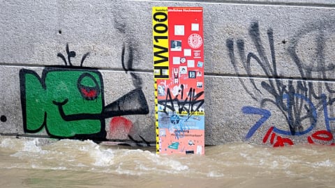 A water level gauge on the Danube, in Regensburg, Germany