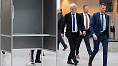 Umgeben von Leibwächtern gibt Geert Wilder seine Stimme bei der Europawahl ab. Den Haag, 6. Juni 2024