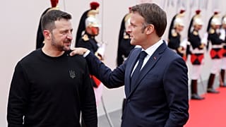 Ukrainian President Volodymyr Zelenskyy with French President Emmanuel Macron at the international ceremony at Omaha Beach, near Saint-Laurent-sur-Mer. June 6th 2024.
