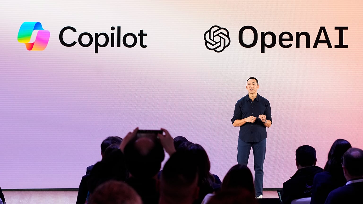 Yusuf Mehdi, Microsoft executive vice president and consumer chief marketing officer, speaks during a showcase event of the company's AI assistant, Copilot.