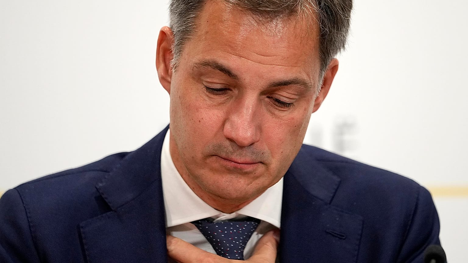 Belgian Prime Minister Alexander De Croo, pauses during a press conference in Brussels, 17 October 2023
