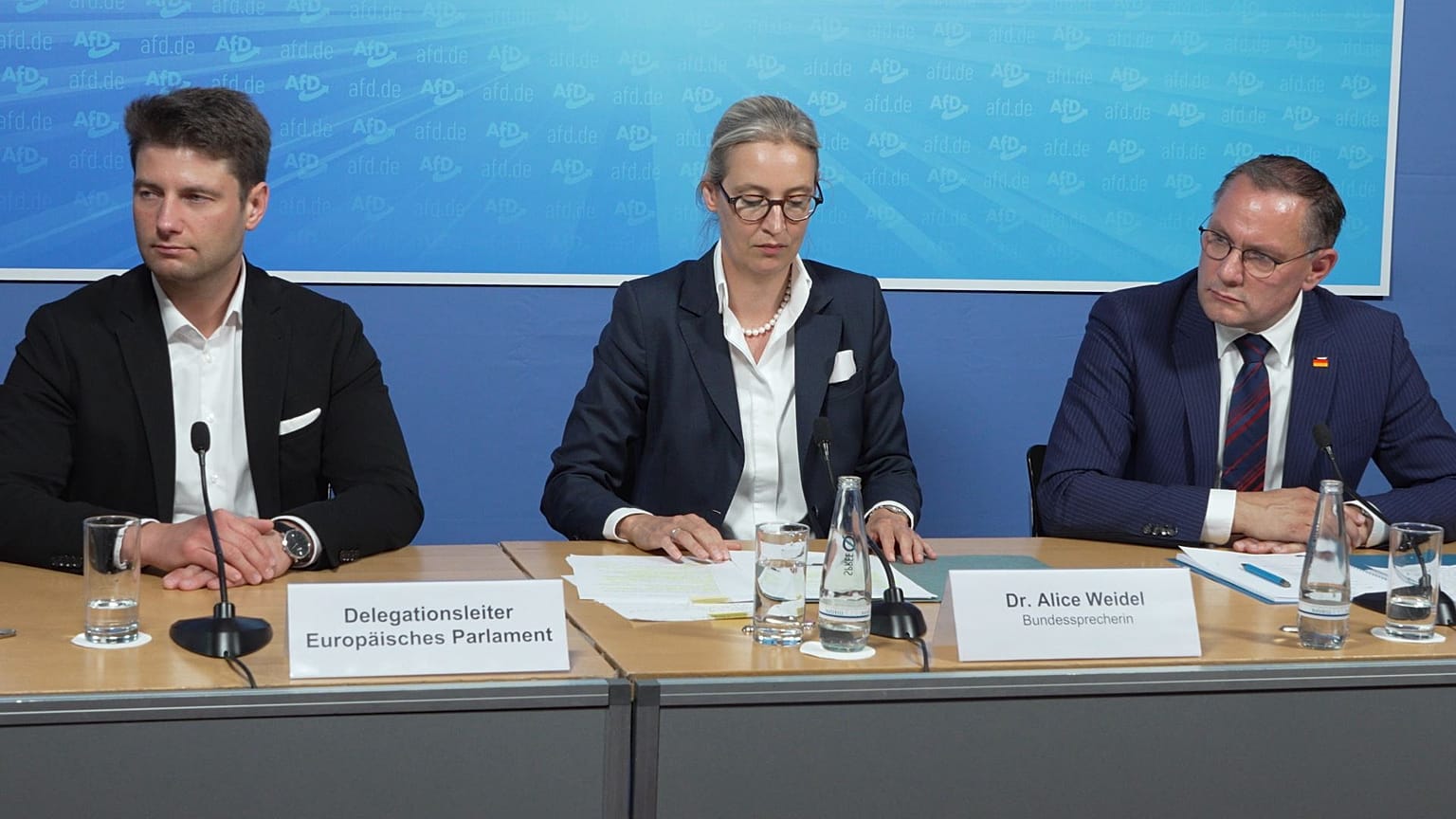 El nuevo jefe de la delegación de la AfD en el Parlamento Europeo, René Aust, con los colíderes Alice Weidel y Tino Chrupalla.
