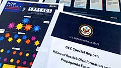 Auf diesem Foto sind Seiten aus dem Bericht des Global Engagement Center des US-Außenministeriums zu sehen, der am 5. August 2020 veröffentlicht wurde.