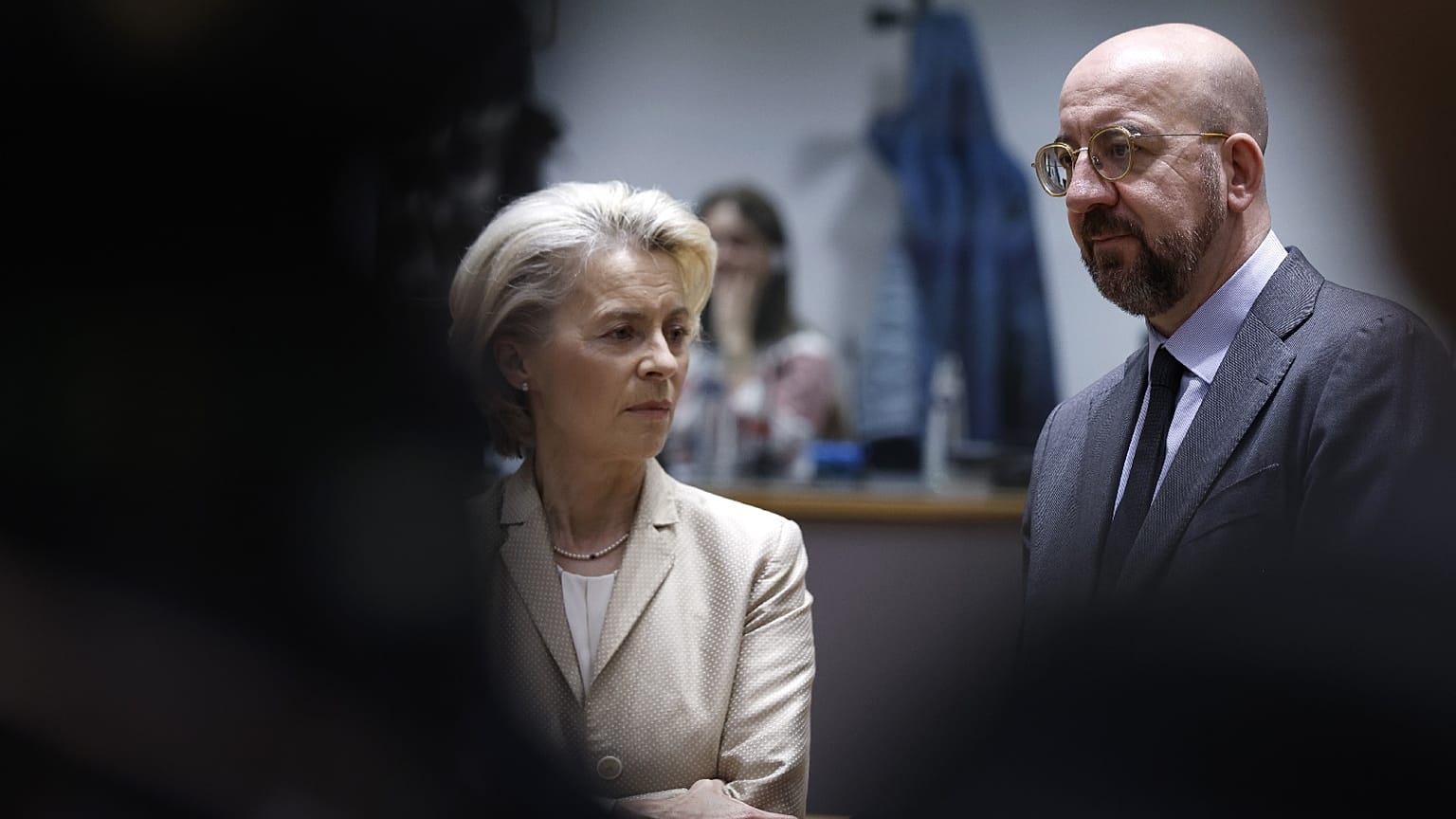 European Commission President Ursula von der Leyen and European Council President Charles Michel during an EU summit in Brussels, Oct. 27, 2023.