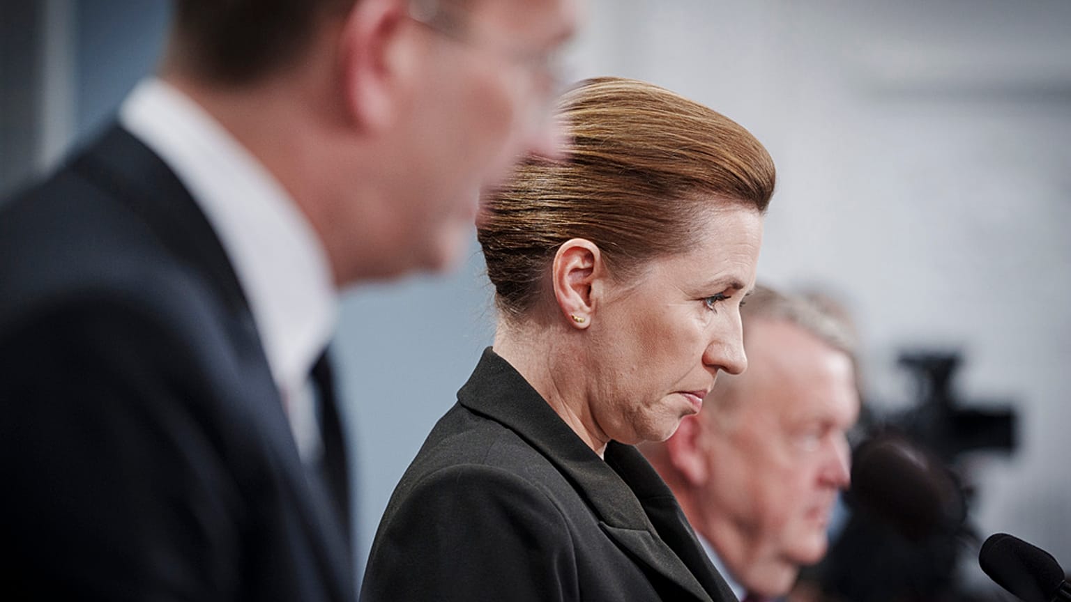 Danish Prime Minister Mette Frederiksen, center, speaks during a press conference, Copenhagen, Wednesday, March 13, 2024. 