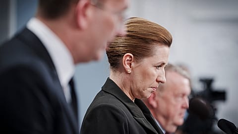 Danish Prime Minister Mette Frederiksen, center, speaks during a press conference, Copenhagen, Wednesday, March 13, 2024. 
