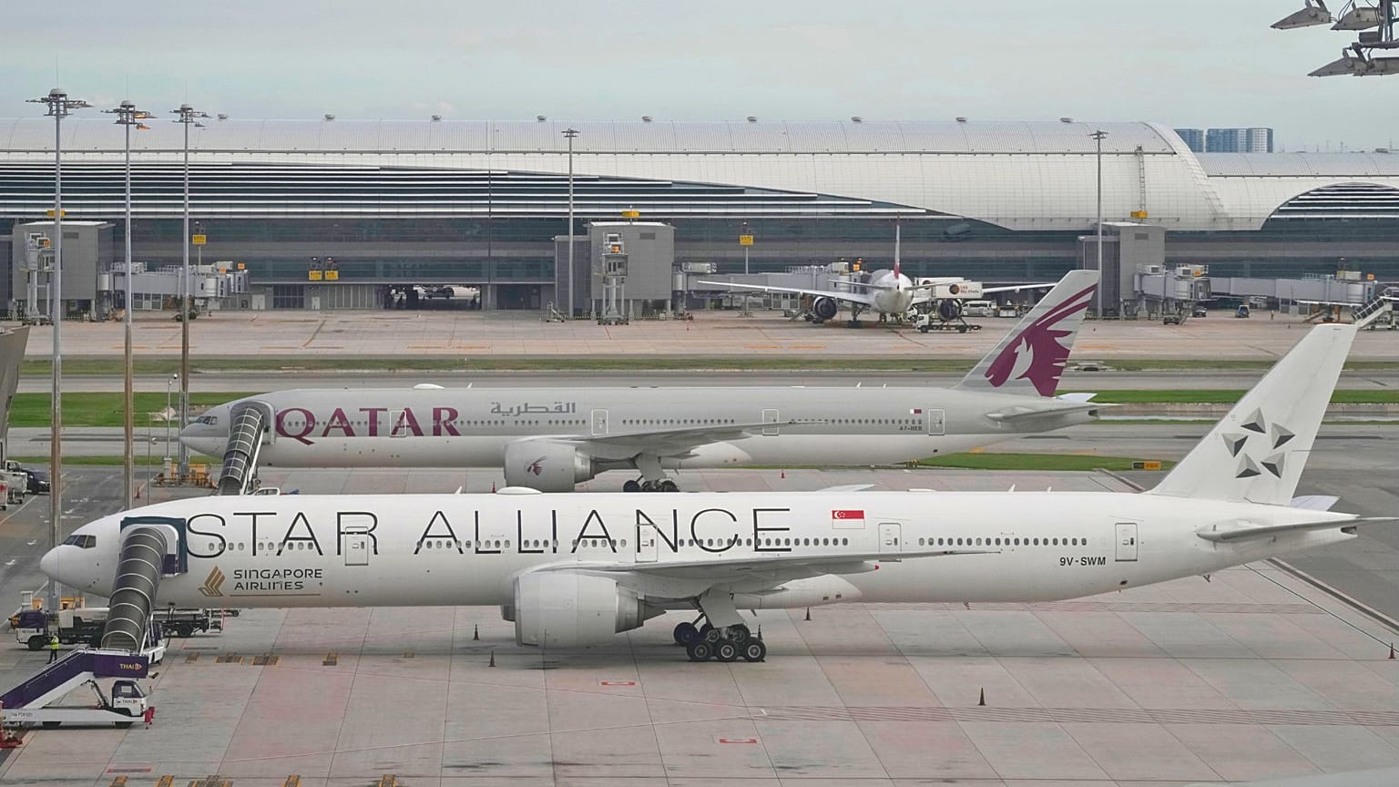 Singapore Airlines' Boeing 777-300ER aircraft, front, is parked after encountered severe turbulence, at Suvarnabhumi International Airport, Bangkok, Thailand, 22 May 2024. 