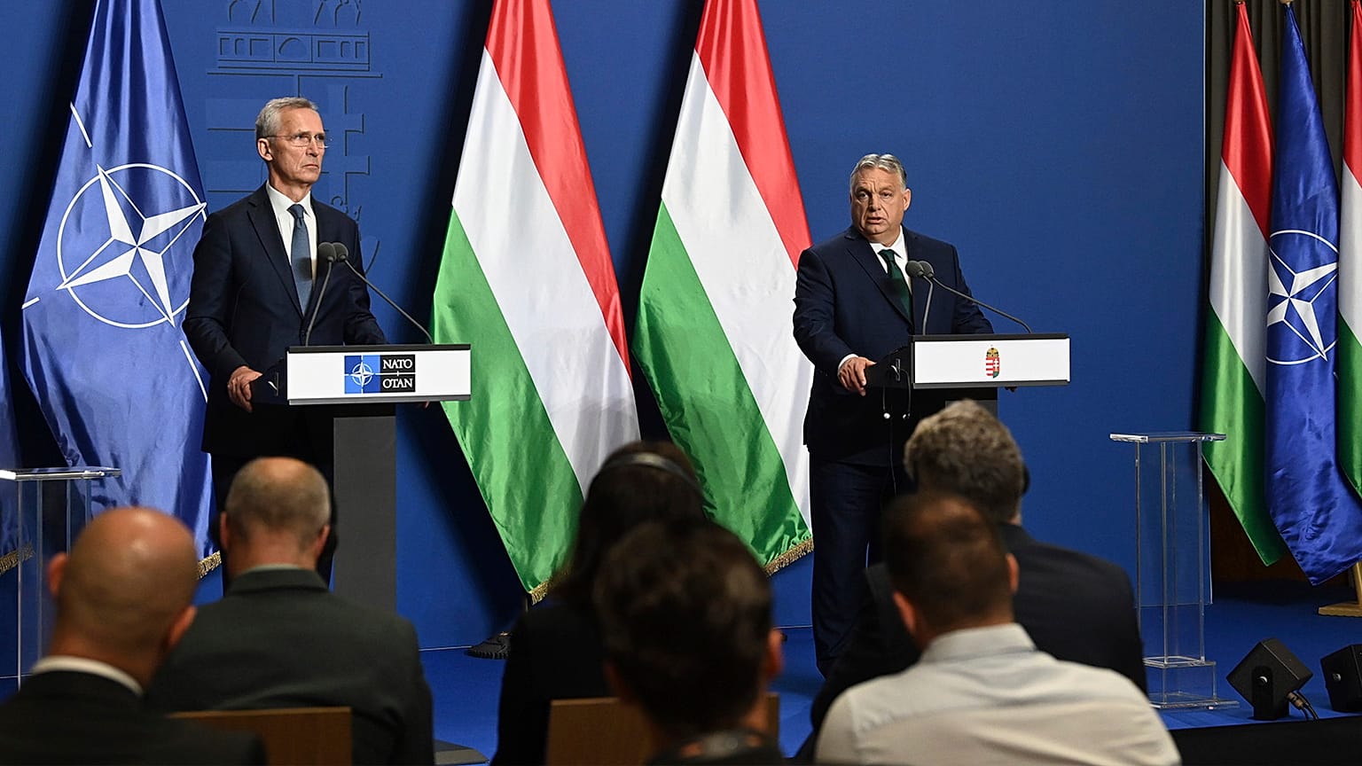 Hungarian Prime Minister Viktor Orban, right, and NATO Secretary General Jens Stoltenberg hold a press conference following their meeting in Budapest, 12 June 2024
