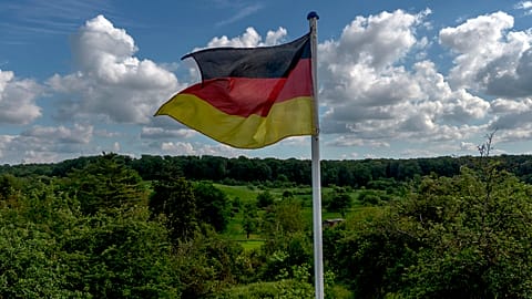 A German national flag waves on a field in the outskirts of Frankfurt, Germany, Wednesday, May 22, 2024. (AP Photo/Michael Probst)