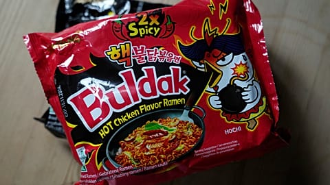In this photo illustration two packets of Samyang noodles are pictured in London, 12 June 2024