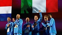 Gli atleti italiani medaglia d'ora alla staffetta 4x100 metri maschile, Roma, 12 giugno 2024