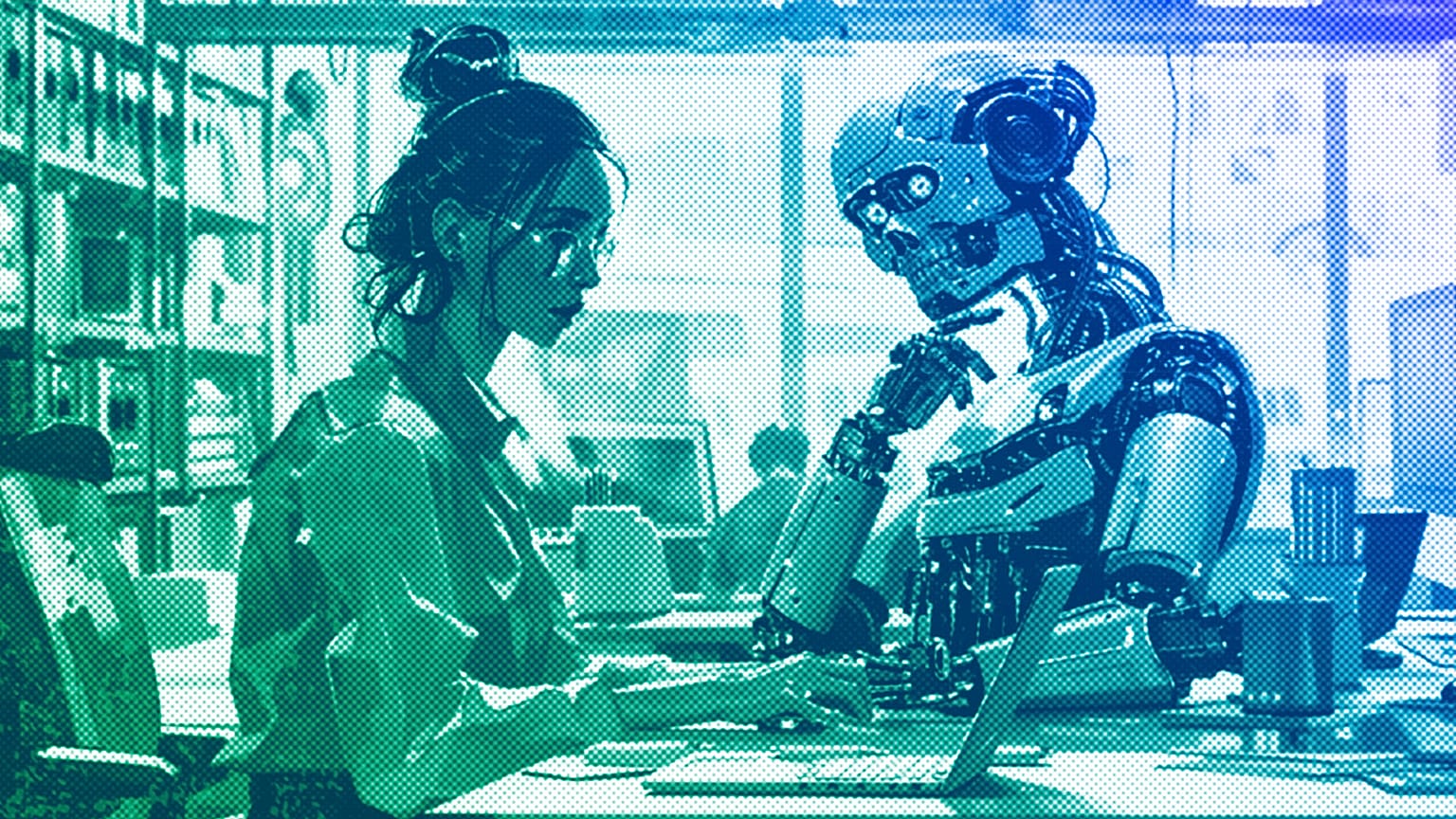 Un androide con IA trabaja junto a un humano. Ilustración