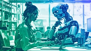 AI-powered android works together with a human, illustration