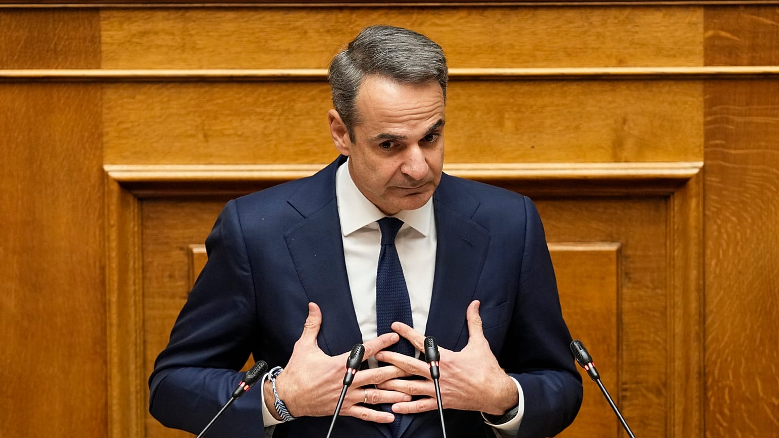 Greece Prime Minister Kyriakos Mitsotakis speaks during a parliament session in Athens, 28 March 2024