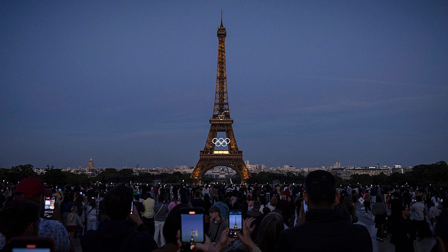 The Olympic rings are seen on the Eiffel Tower Friday, June 7, 2024, in Paris. 
