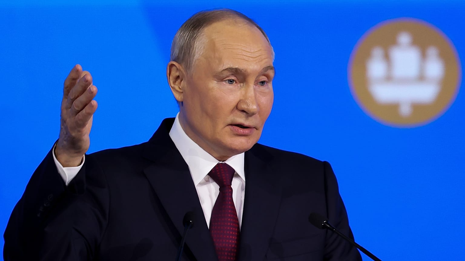 Russian President Vladimir Putin addresses a plenary session of the St. Petersburg International Economic Forum in St. Petersburg, Russia, on Friday, June 7, 2024. 