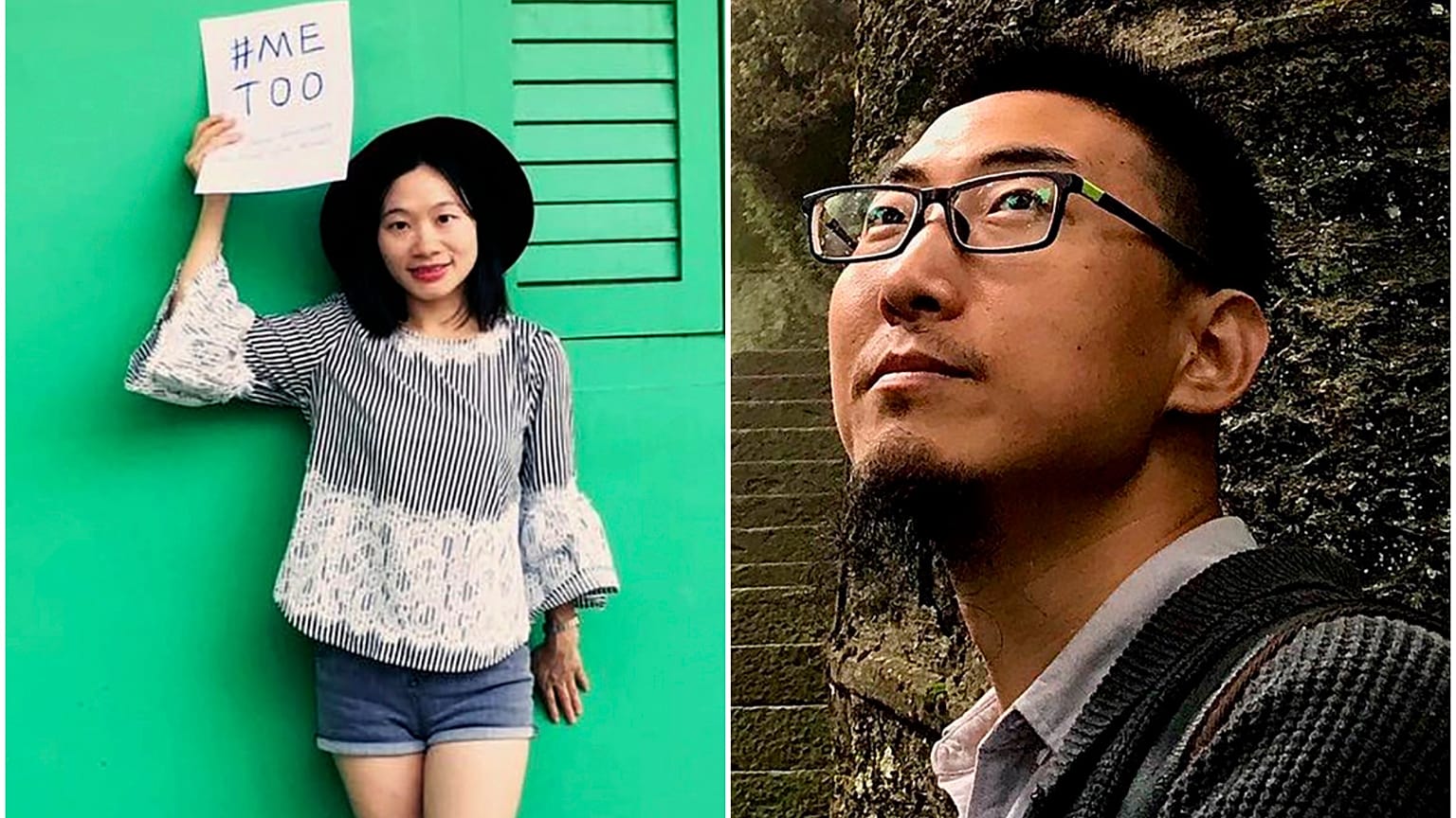 En esta foto publicada por Free Huang Xueqin &amp; Wang Jianbing, el periodista chino Huang Xueqin sostiene un cartel de #METOO para una foto en Singapur en septiembre de 2017.
