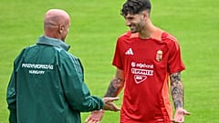 Marco Rossi és Szoboszlai Dominik a csapat nyilvános edzésén Weiler-Simmerbergben 2024. június 12-én
