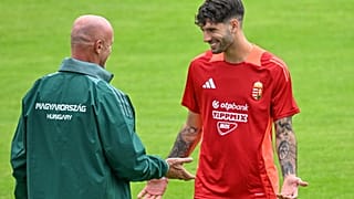 Marco Rossi és Szoboszlai Dominik a csapat nyilvános edzésén Weiler-Simmerbergben 2024. június 12-én